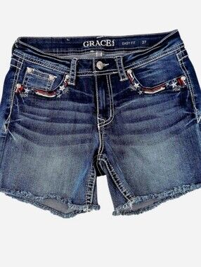 Grace in LA Easy Fit Star Embroidered Denim Shorts - Size 27